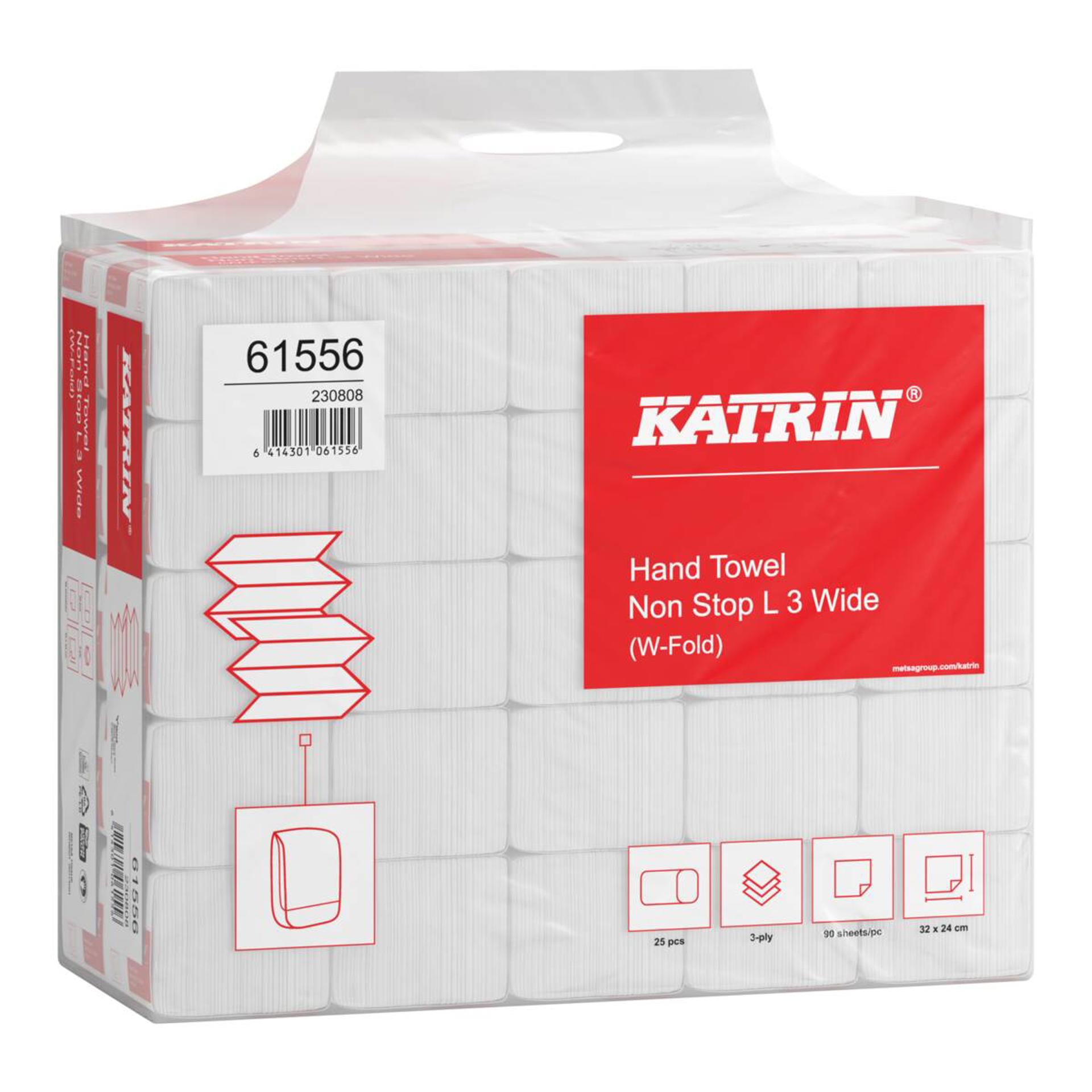 61556-Katrin W-fold Paper Towels Non-Stop Long Wide 90 Sheets 3-Ply, Handy Pack-4