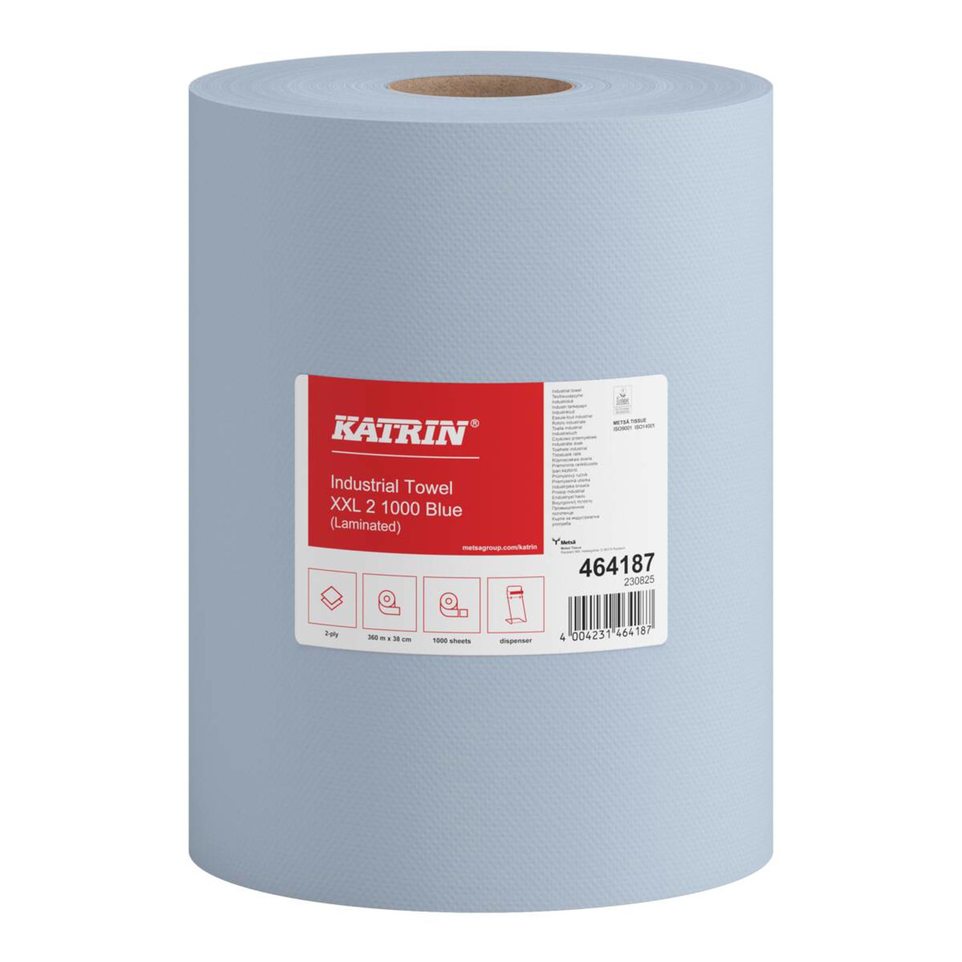 464187-Katrin Industrieputzrolle XXL 1000 Blatt 2-lagig mit Zwischenverleimung, Blau-1