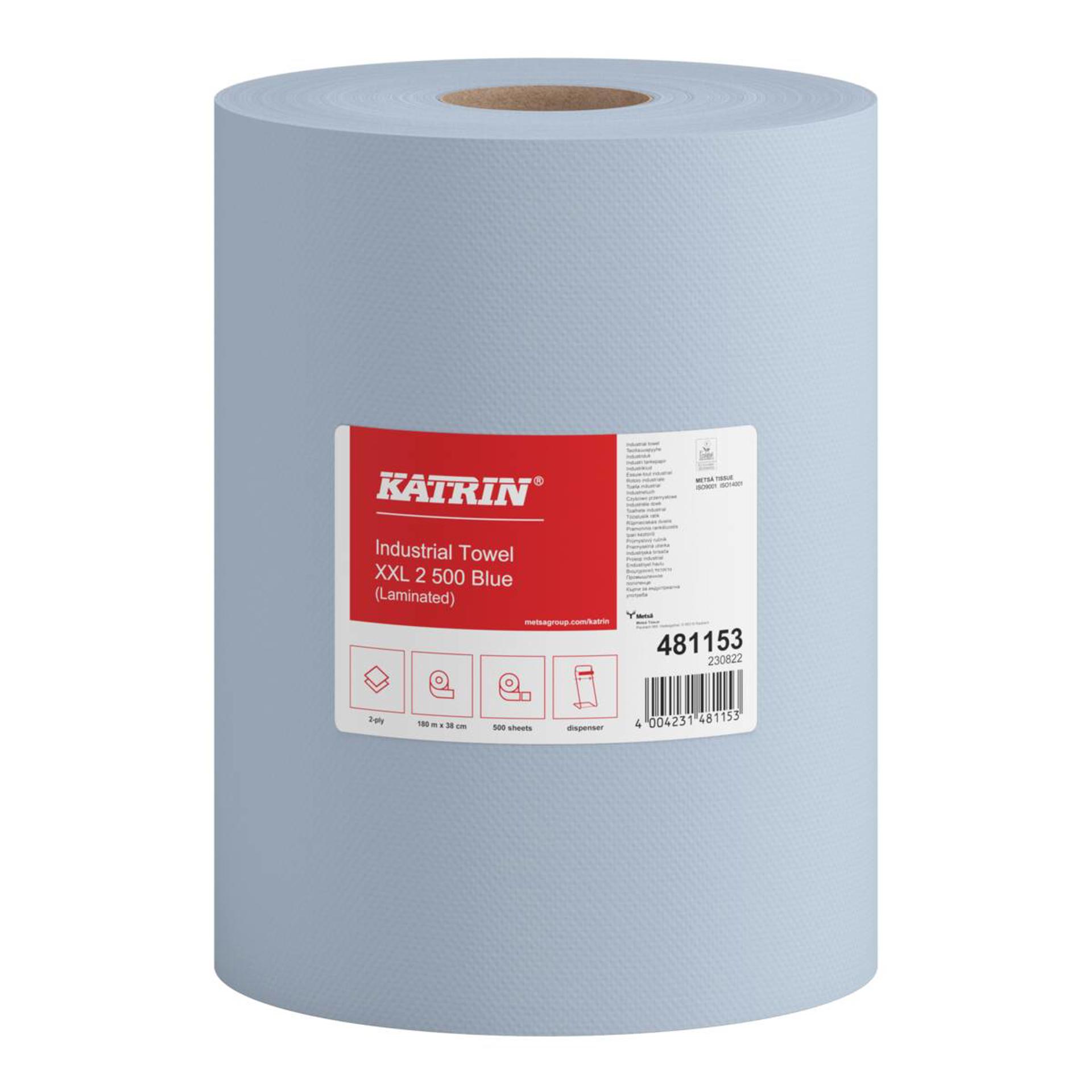 481153-Katrin Industrial Wipes Roll XXL 500 Sheets 2-Ply Laminated, Blue-1