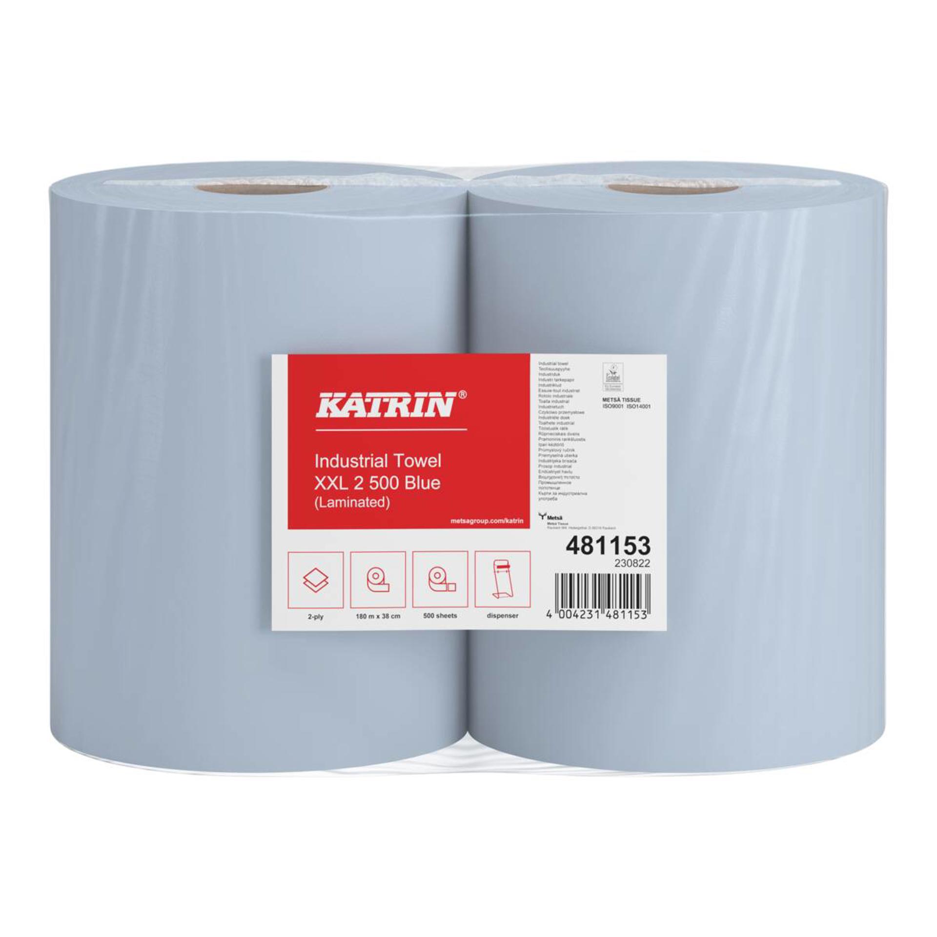 481153-Katrin Industrial Wipes Roll XXL 500 Sheets 2-Ply Laminated, Blue-3