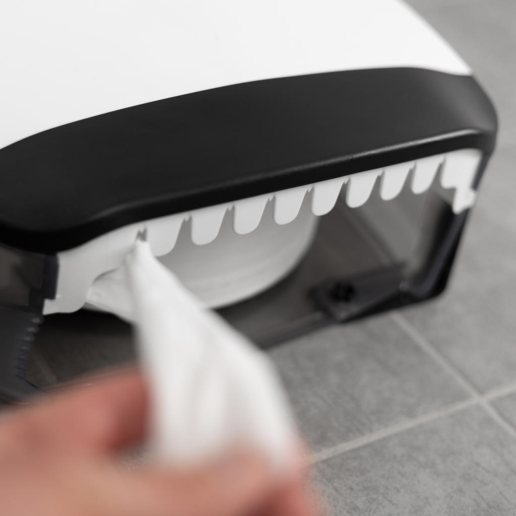 Easy paper-tearing on all sides. The dispenser also has an adjustable brake function so the paper cannot be pulled out so far that it ends up on the floor.