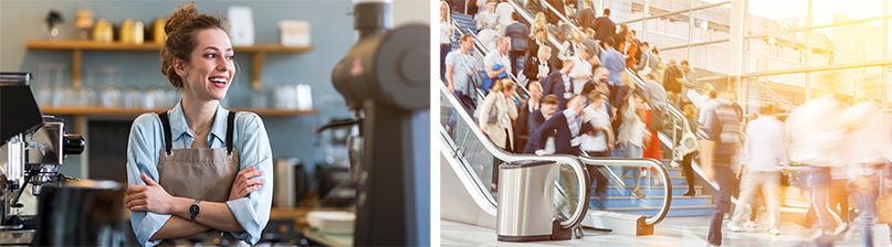 o billeder side om side. Til venstre en smilende kvinde iført forklæde, der står bag en kaffebar. Til højre en travl offentlig plads med mange mennesker, der bruger rulletrapper i et lyst og moderne miljø.