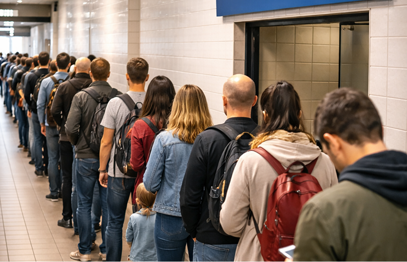 Lång kö av personer som står i kö till toaletterna