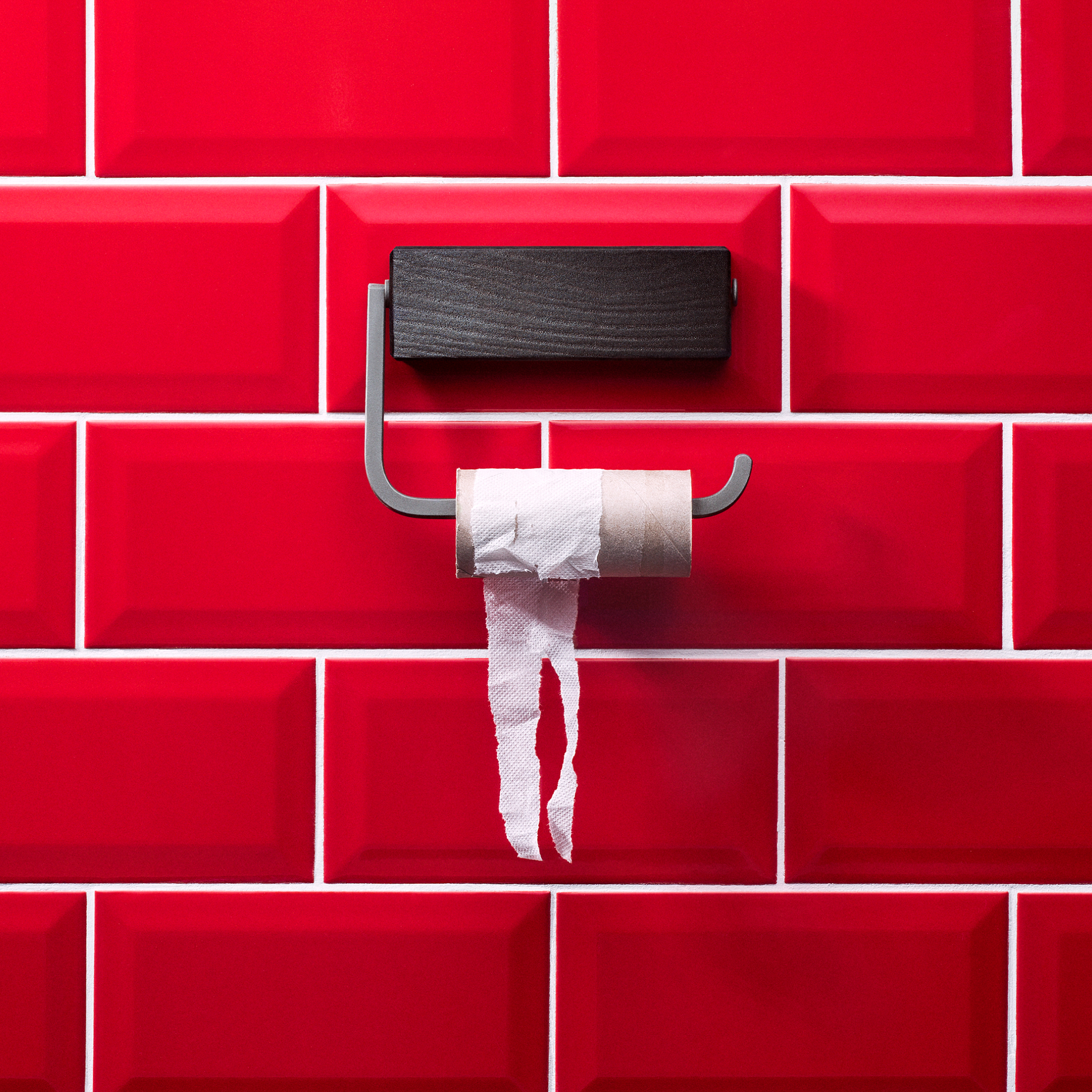 Tom toalettrulle på hållare framför röda kakelplattor i ett hygienutrymme.