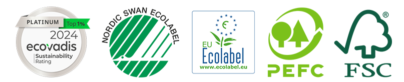 Miljöcertifieringar för Katrins: EcoVadis Platinum, Svanenmärkt, EU Ecolabel, PEFC och FSC