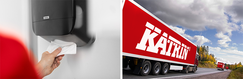 Katrin-papper i användning samt röd Katrin-lastbil på väg – symbol för pålitlig leveranskedja och närproducerade hygienlösningar
