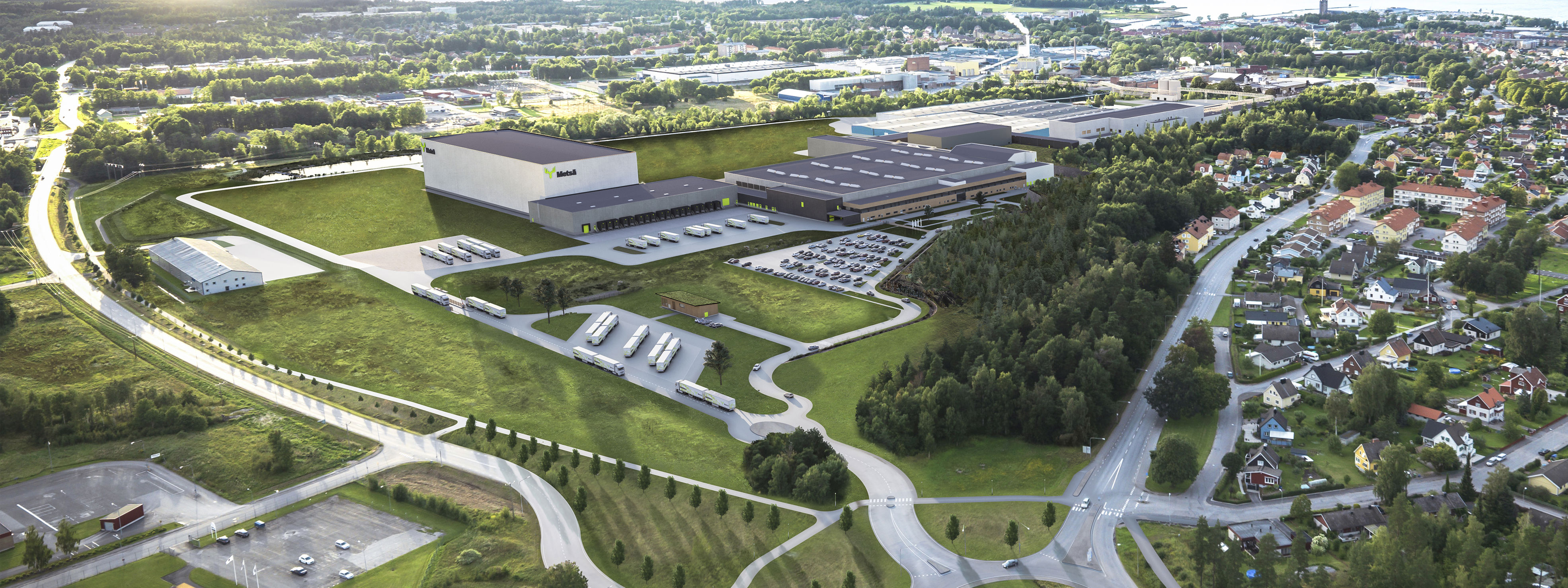 Luftbild över Metsä Tissues moderna fabrik i Mariestad, med omkringliggande bostadsområde – centrum för lokal mjukpappersproduktion