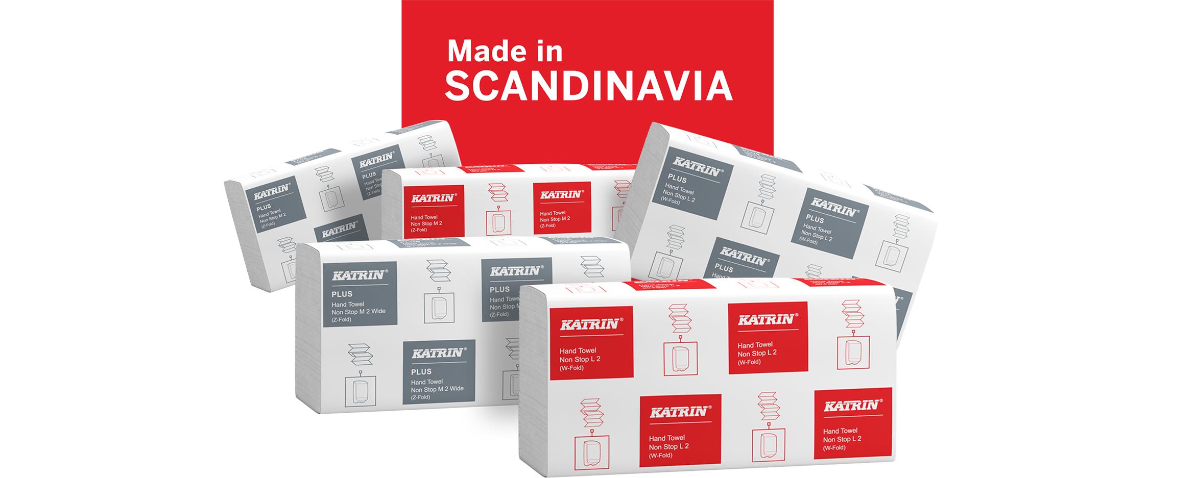 Fem f&ouml;rpackningar av Katrins lokalproducerade vikta pappershanddukar med m&auml;rkningen "Tillverkat i Sverige" ovanf&ouml;r.