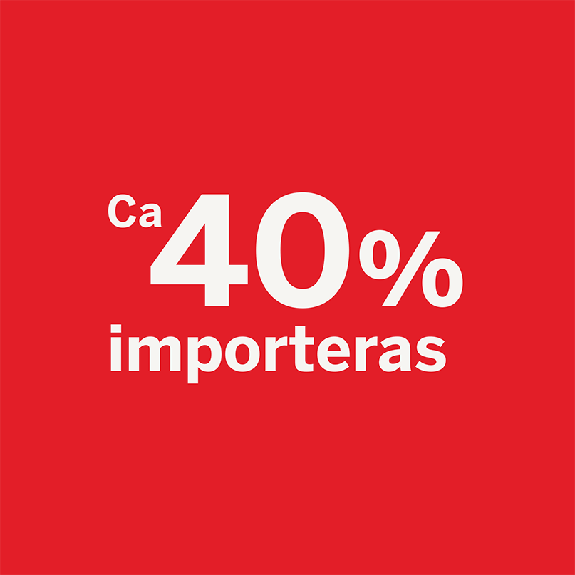 Textgrafik med budskapet "Ca 40 % importeras" p&aring; r&ouml;d bakgrund, som lyfter att en stor del av pappret p&aring; marknaden inte &auml;r lokalproducerat.
