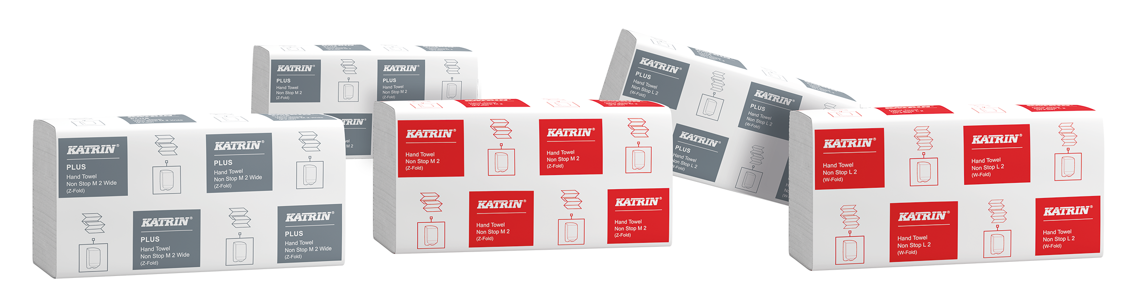 Fem pakker af Katrin papirhåndklæder i grå og rød emballage, vist side om side.