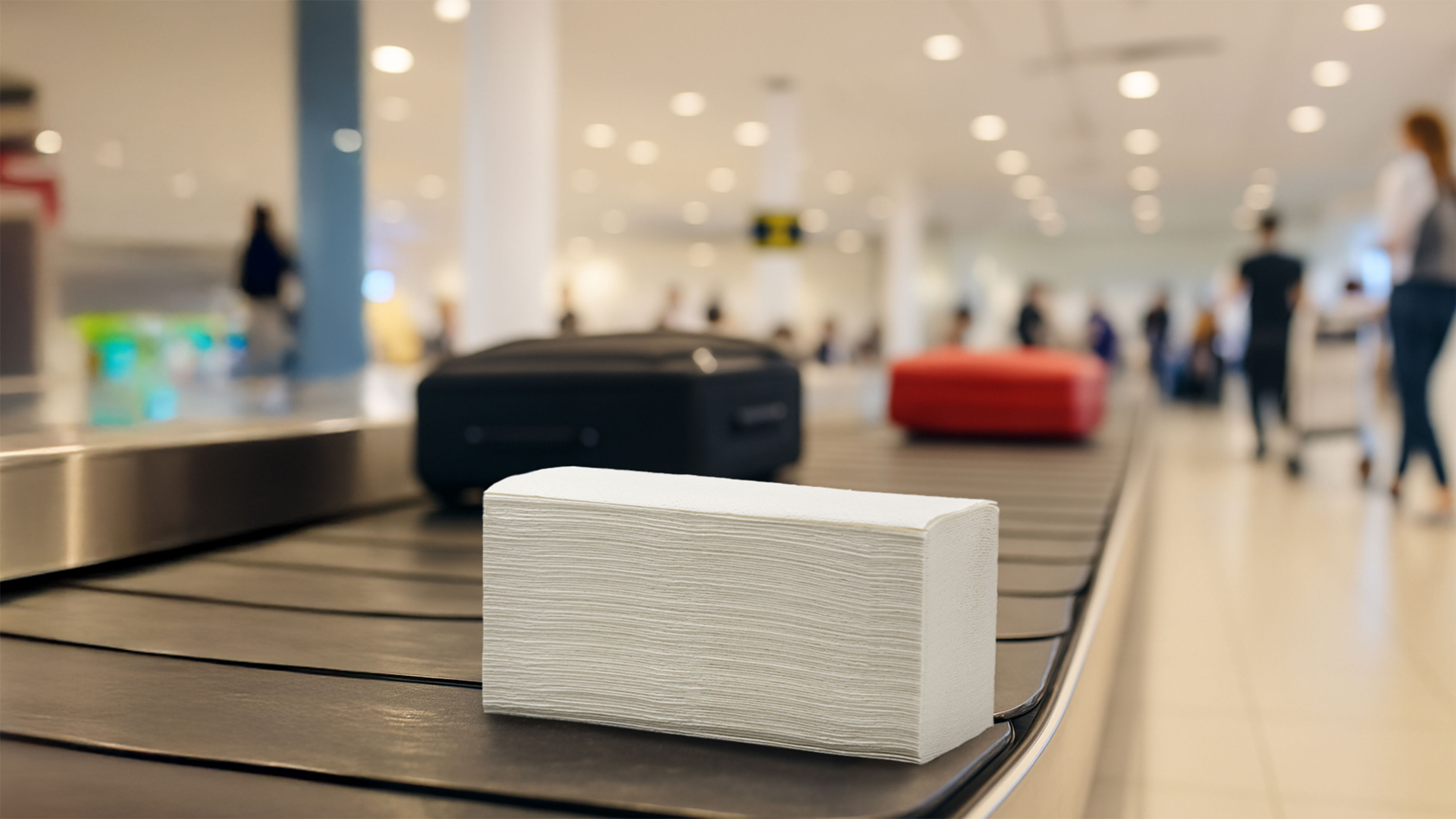 Et papirhåndkle ligger på bagasjebåndet sammen med kofferter på en travel flyplass.