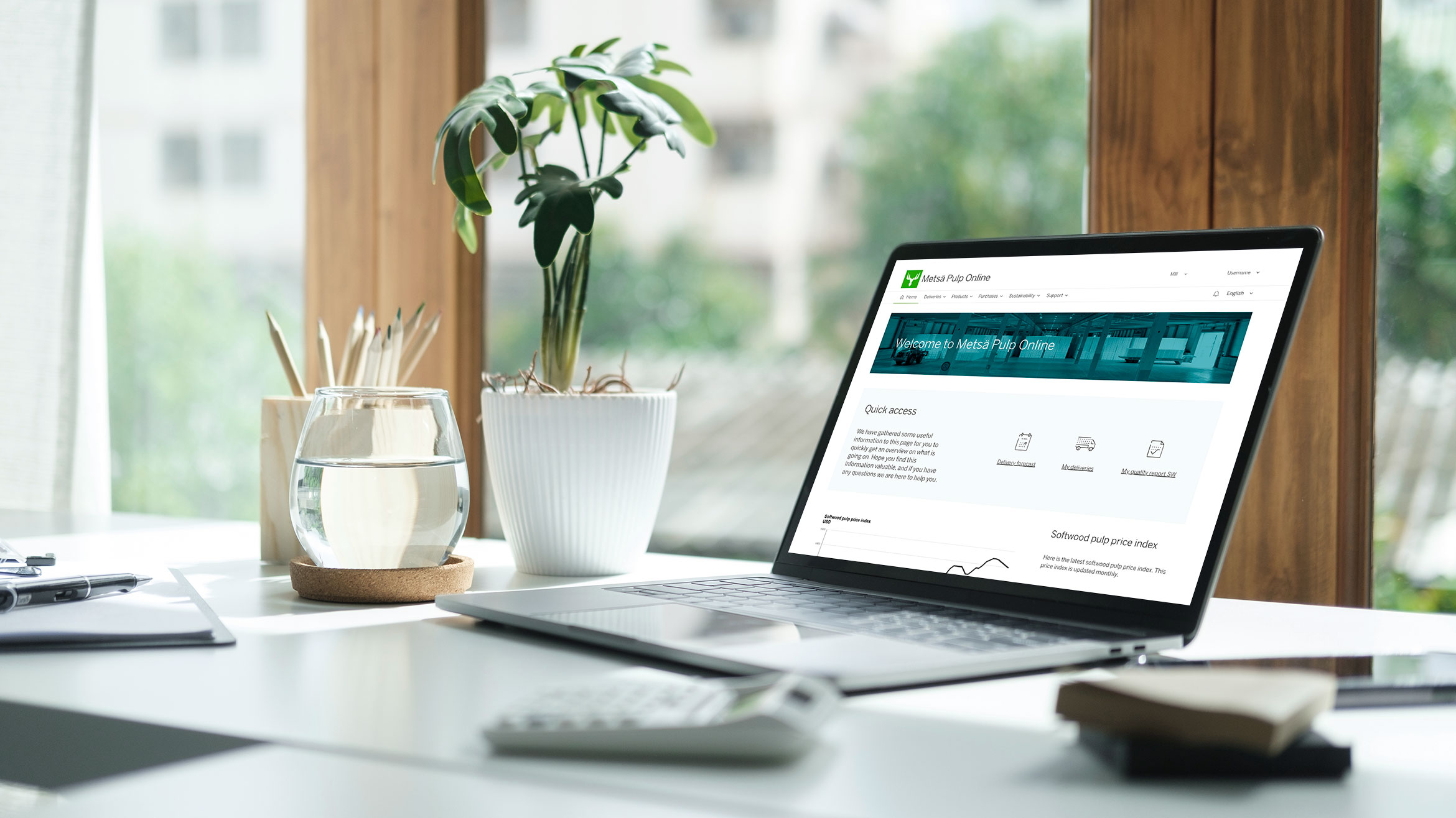 Metsä Pulp Online homepage on laptop screen