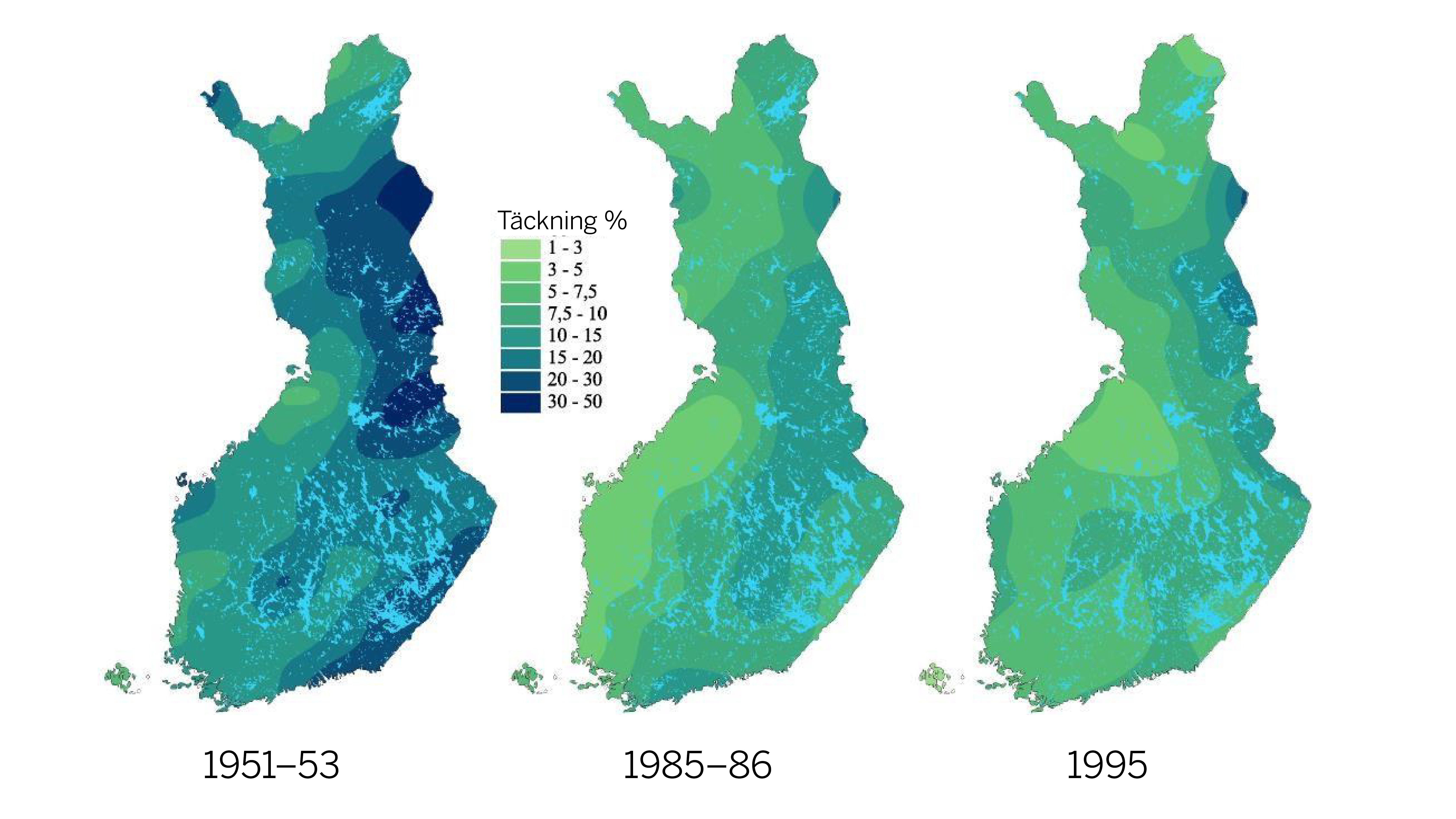 Blåbärets täckning minskade från 1950-talet till 1980-talet, men efter 1995 har blåbärsförekomsten ökat.