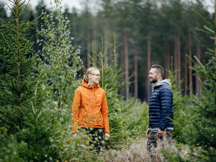 Metsänomistaja ja metsäasiantuntija seisovat taimikossa keskustelemassa.