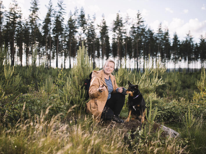 A woman kneeling by her dog in a stand of pine seedlings.