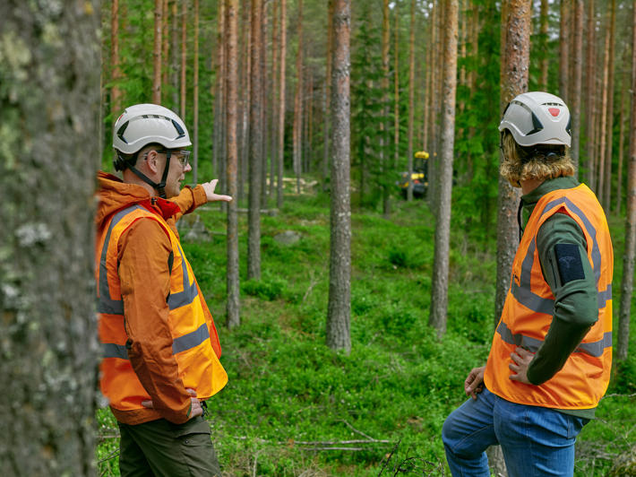 Metsäasiantuntija ja metsänomistaja katsovat, kun metsäkone tekee hakkuuta.