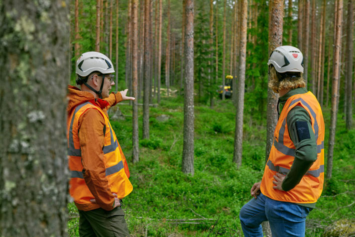 Skogsexpert och skogsägare ser på skördare som utför avverkningsarbete