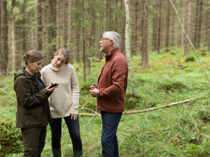 Metsäasiantuntija ja kaksi metsänomistajaa tutkivat metsässä Metsäverkko-mobiilia.