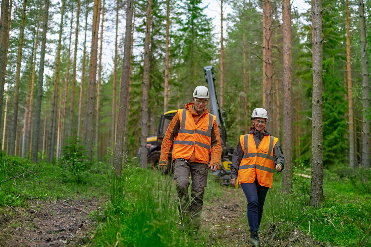 Skogsexpert och skogsägare går på avverkningsobjekt.