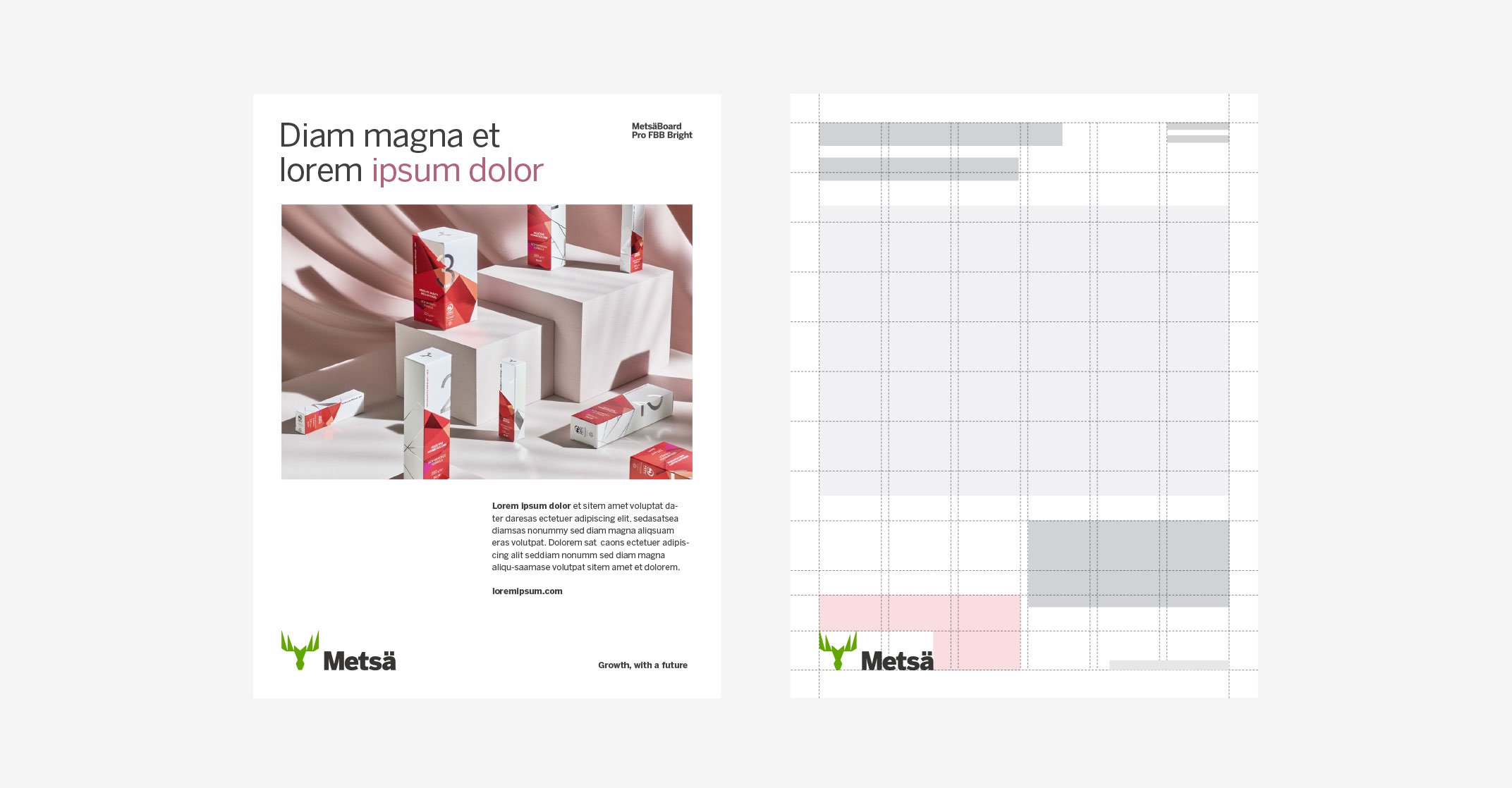 Grid wireframe and an example layout showing initial placement of elements.