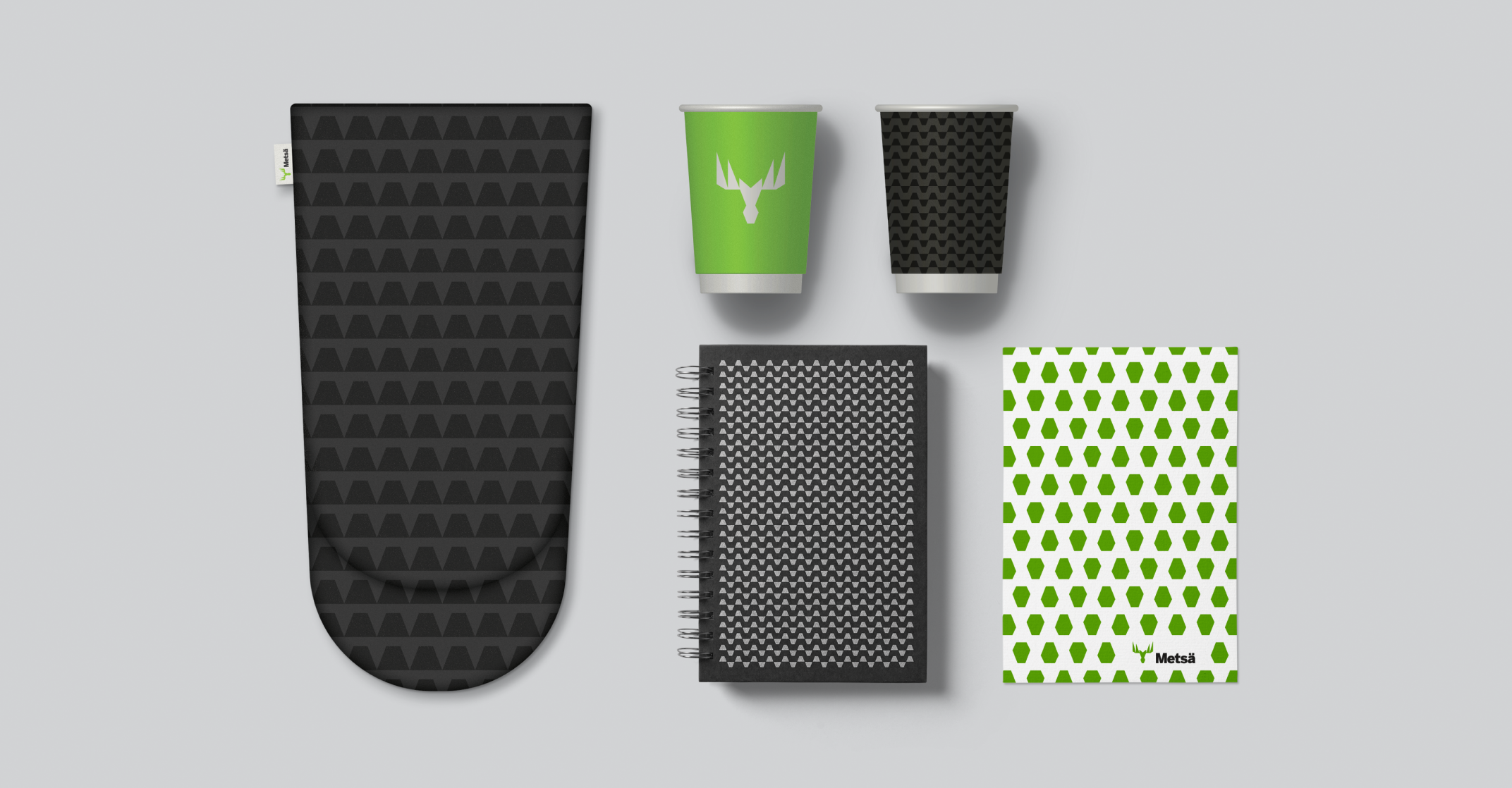 Examples of the use of patterns in different promotional items.