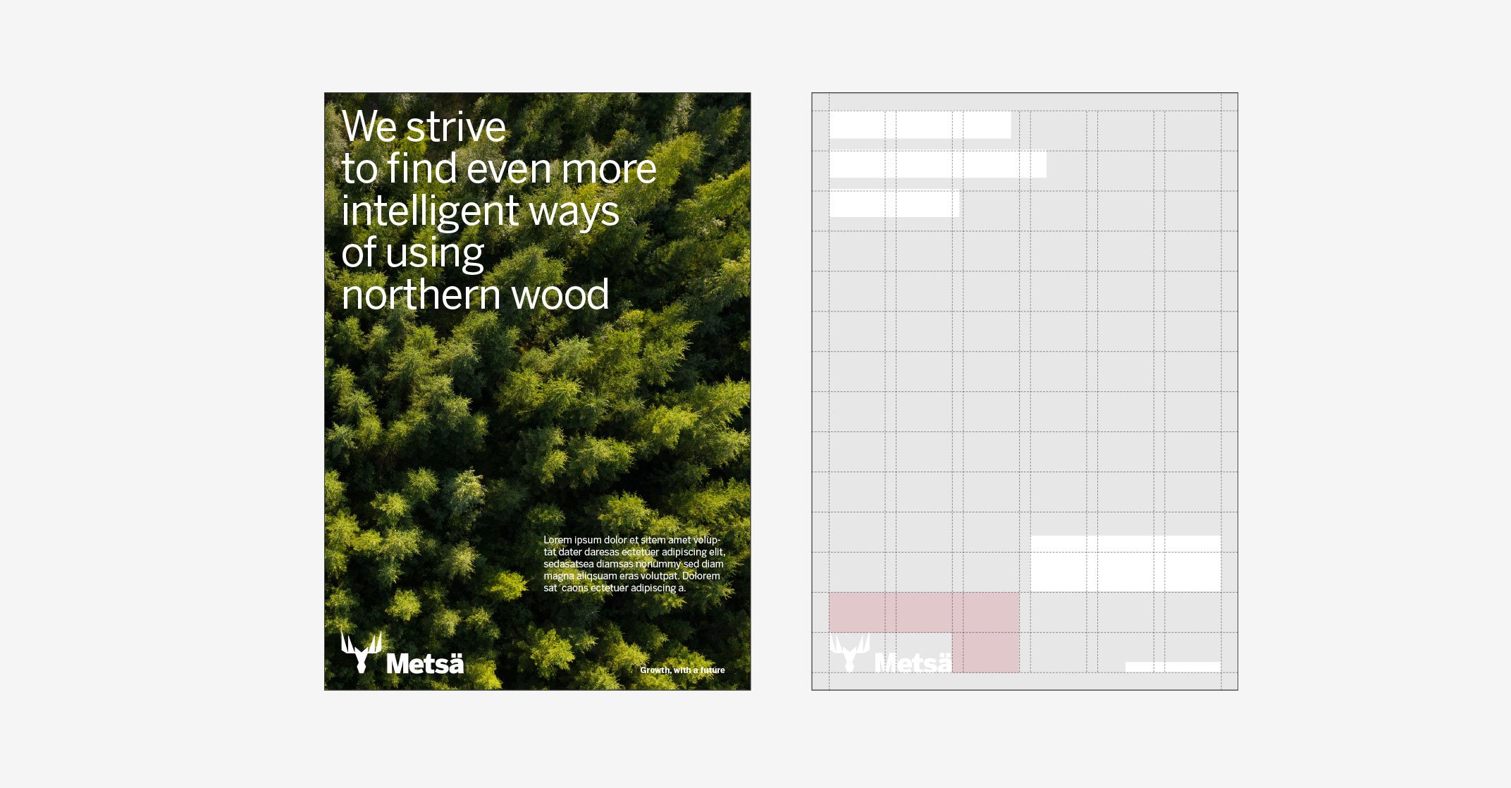 Grid wireframe and an example layout showing initial placement of elements.