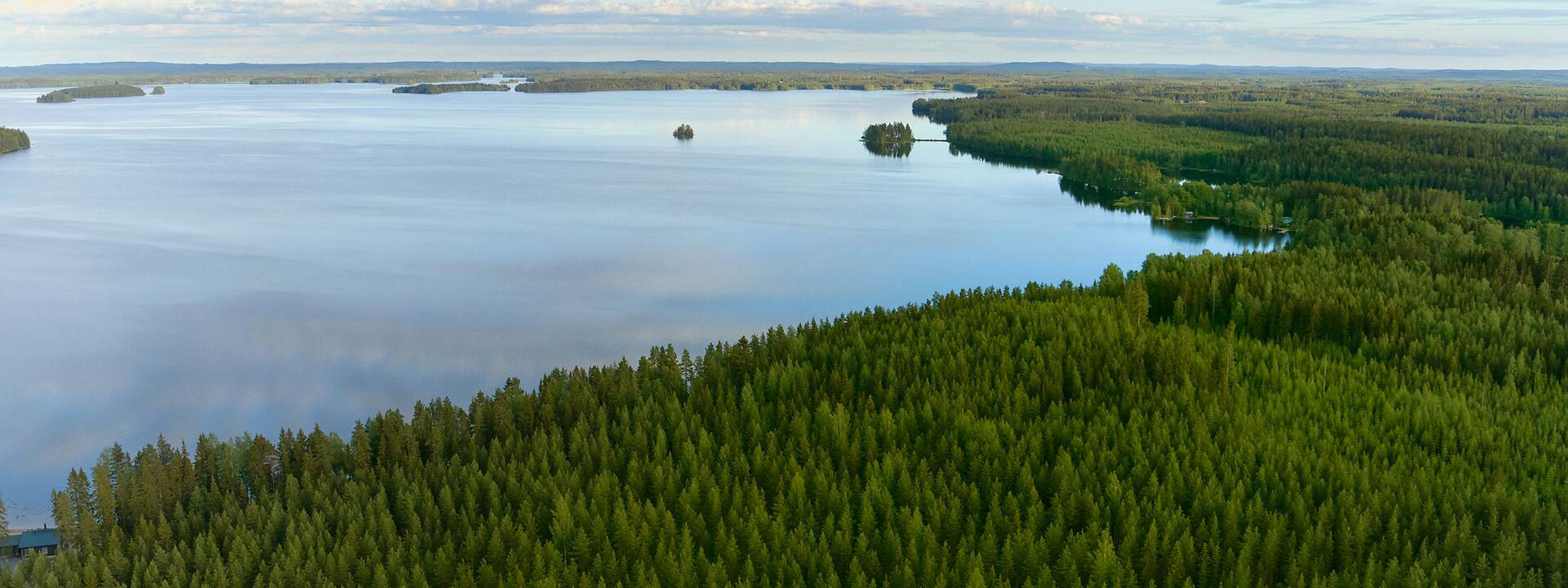 Aerial view of a Finnish forest and lake illustrating Metsä’s nature-based operations