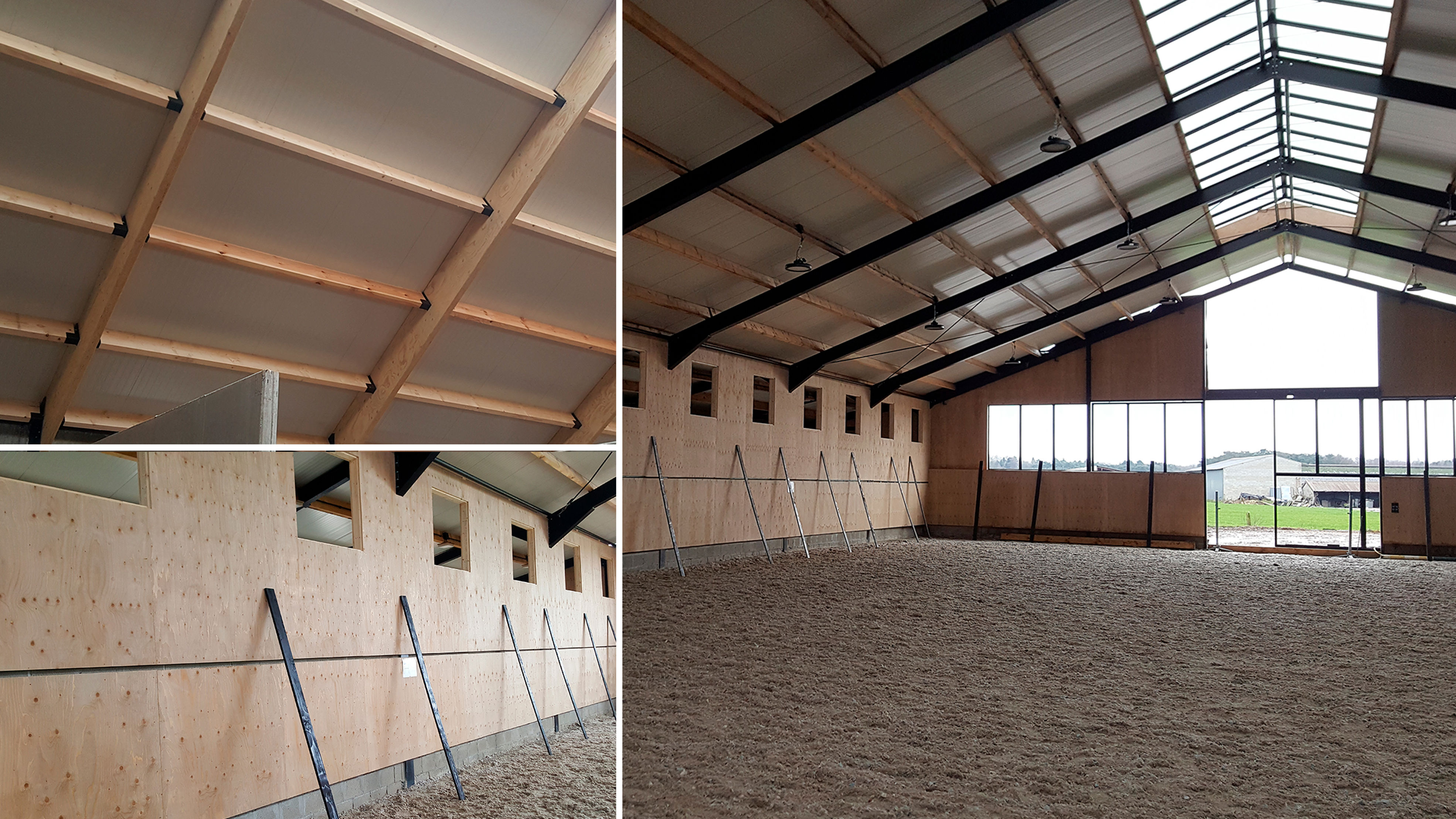 Plywood walling and a wooden frame for a horseback riding arena