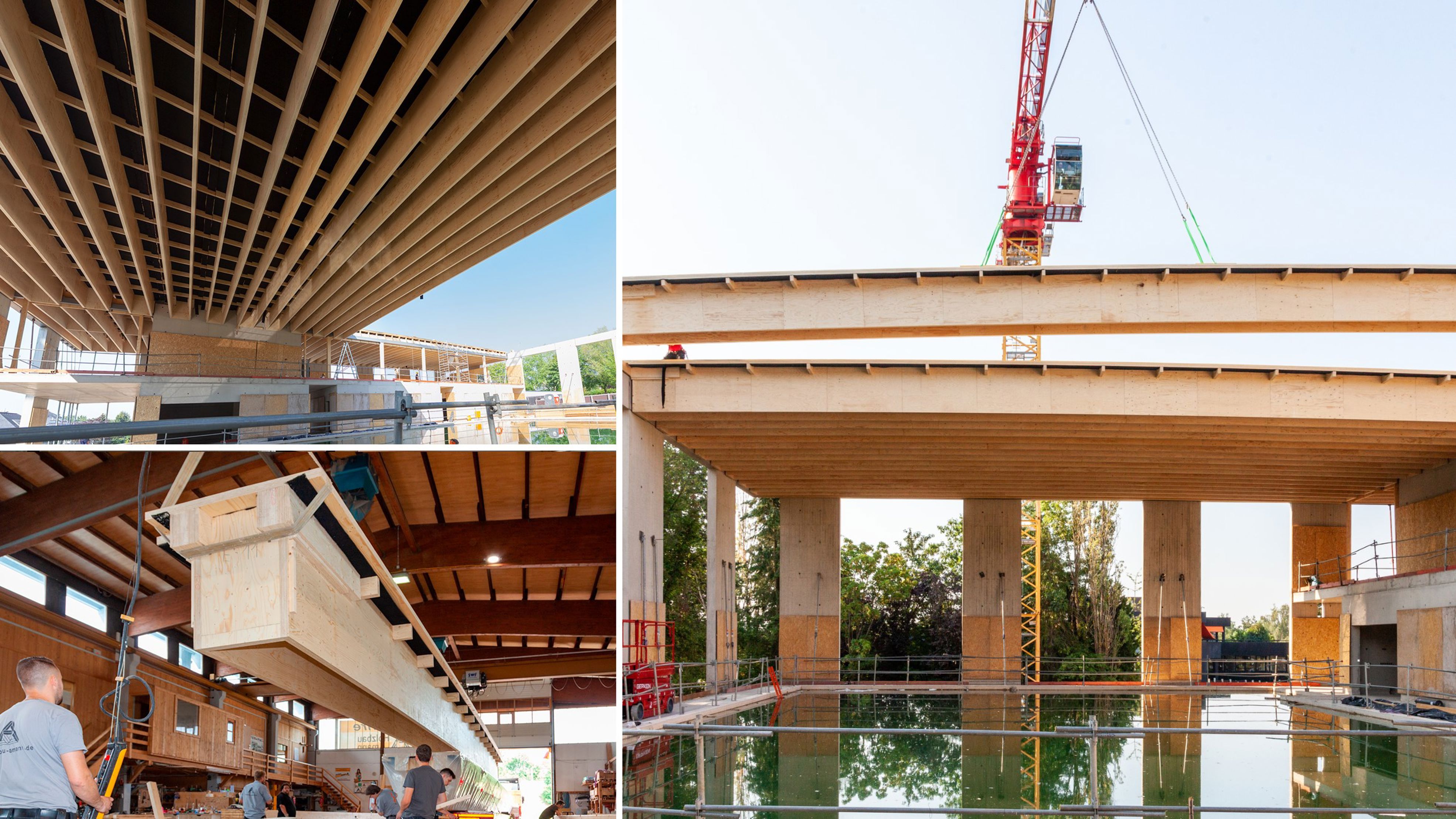 Indoor swimming pool, long-span roof with very long wooden elements